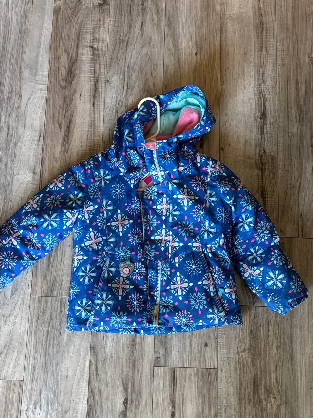 Obermeyer Livia Blue Floral Snowflake Winter Ski Jacket with Hood